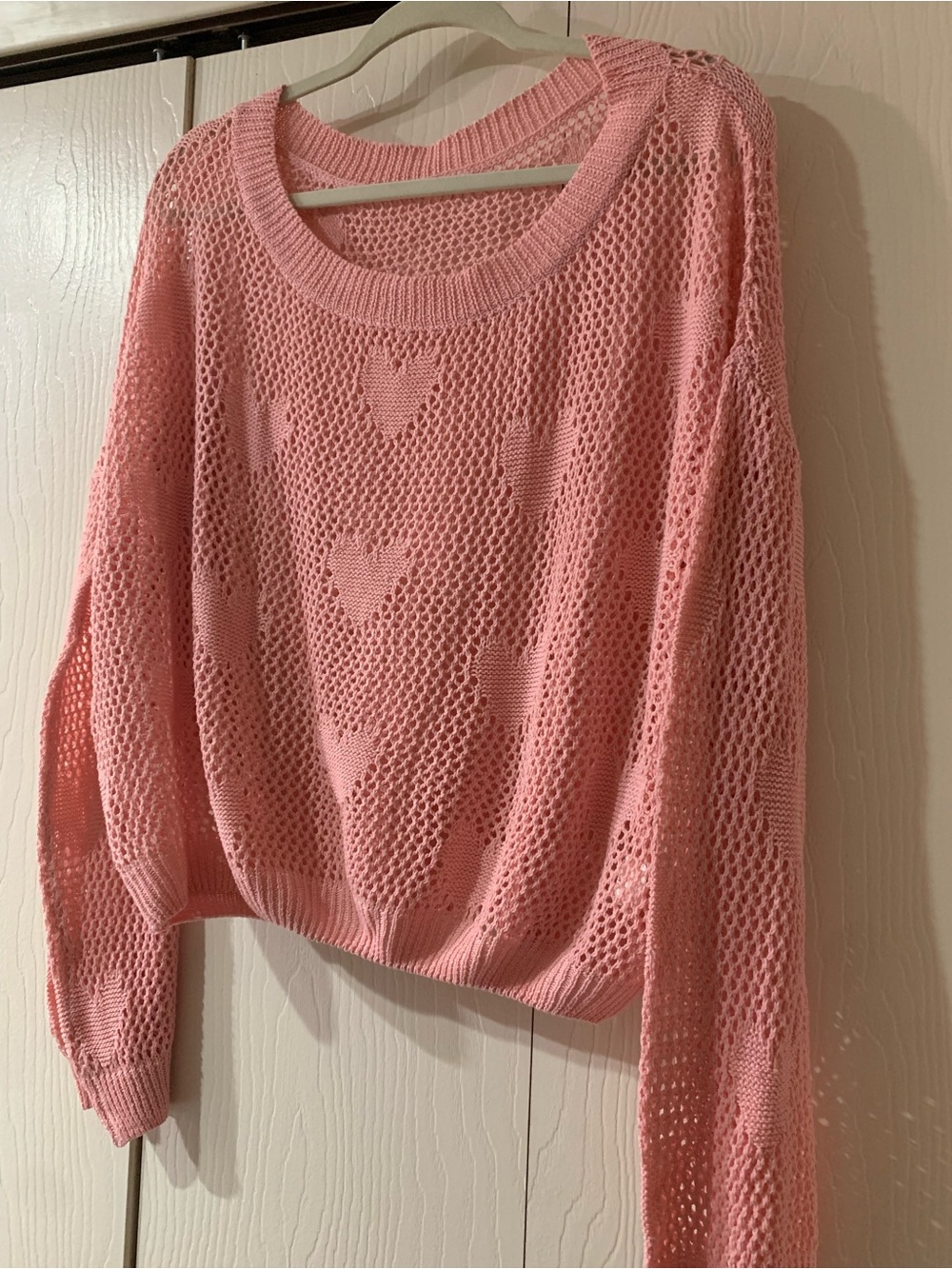 Off-the-Shoulder Heart-Pattern Open Knit Sweater in Pink